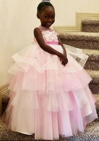 

2021 sheer neck pink flower girl dresses ball gown hand made flowers tulle lilttle kids birthday pageant weddding gowns, White;blue