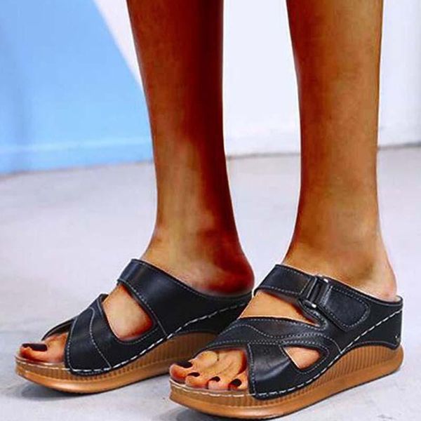 

sandals shoes women summer female women's wedges roman sandal for ladies shoe retro sandalias, Black