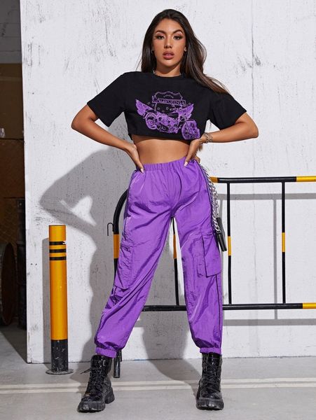 

letter graphic crop & contrast piping pocket patched pants set i7ru#, White
