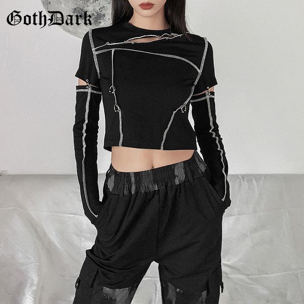 

goth dark punk style black patchwork t-shirts gothic hollow out with rivet long sleeve t-shirt for women bodycon streetwear, White