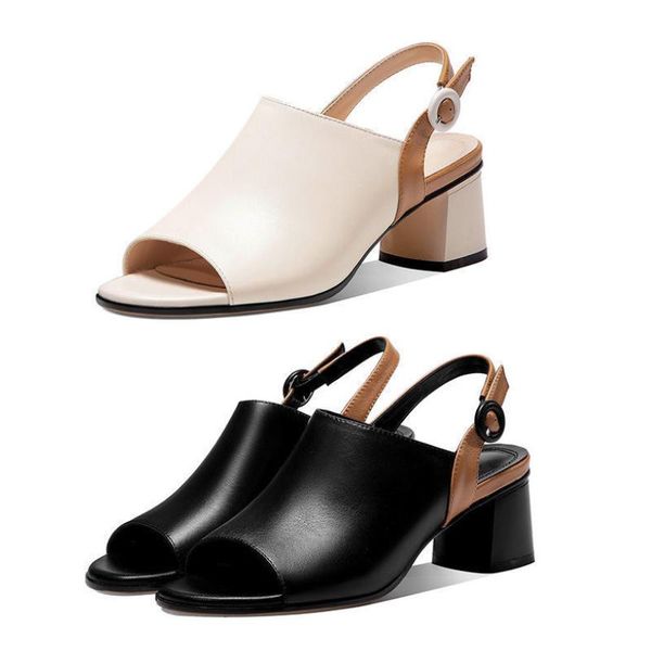 

sandals ladies women's shoes 2021 fashion fish mouth summer mid-heel thick heel female leather, Black