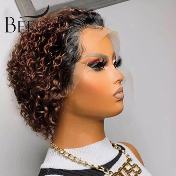 

lace wigs beeos short curly 250% pixie cut bob wig 13*2 front human hair brazilian remy pre plucked with baby, Black;brown
