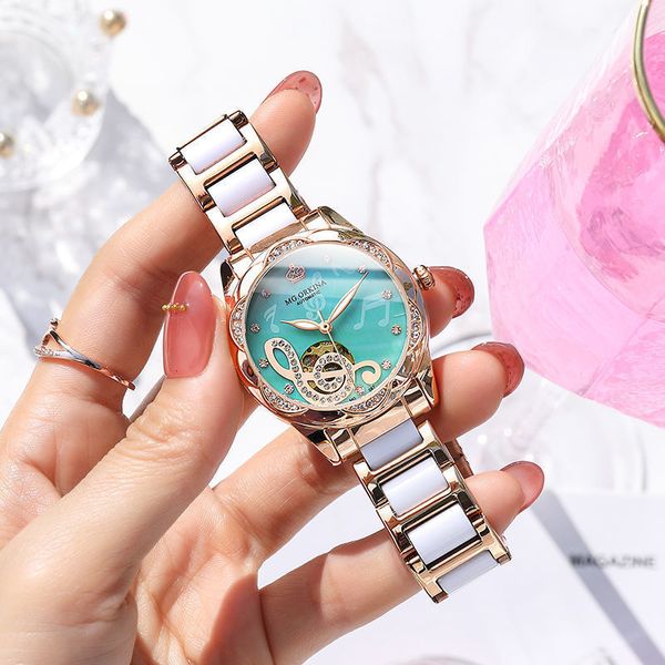 

watch women's automatic mechanical temperament minority light luxury hollow waterproof high grade small green, Slivery;brown