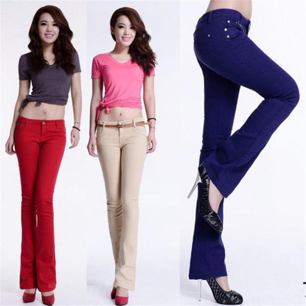 

women's jeans cotton pure color colour elastic force bell-bottoms trousers high waist woman skinny women mujer jean plus size, Blue