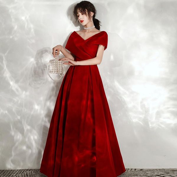 

ladies burgundy fashion banquet velour dress toast clothing bride v-neck floor-length evening ethnic, Red