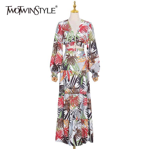 

twotwinstyle hit color print sets for women v neck long sleeve high waist midi skirt bohemian two piece set female autumn 210517, White