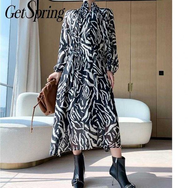 

getspring women dress long sleeve turtleneck stripe chiffon zebra vintage dresses bandage fashion 210601, Black;gray