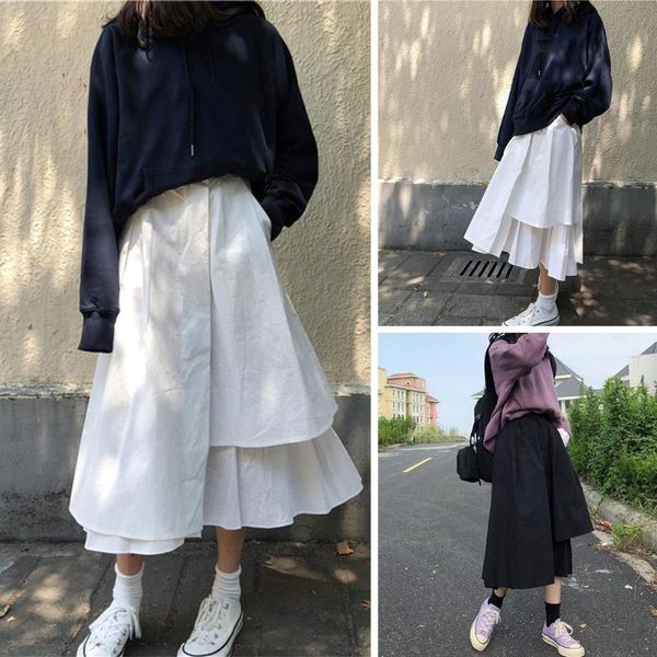 

skirts skirt solid color women lady casual loose high waist pleated irregular hem long, Black