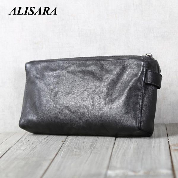 

alisara clutch bag male first layer cow leather end men casual zipper phone wallets high capacity long purses wrist bags, Red;black