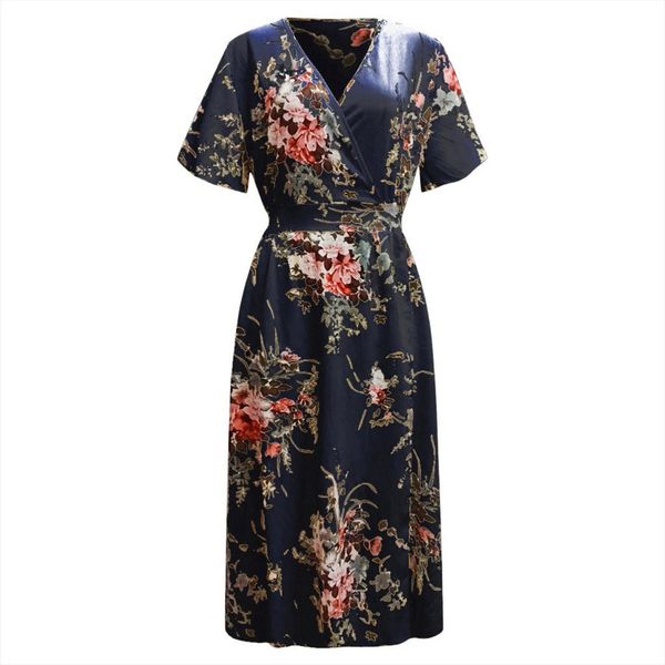 

boho floral printed summer womens dress plus size maxi with short sleeve v neck elegant sundress vestido de mujer, Black;gray