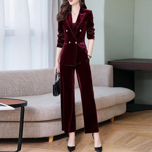 

women's two piece pants elegant woman wine red velvet suit 2021 spring autumn fashion ladies blazer+straight wide leg sets vinatge suit, White