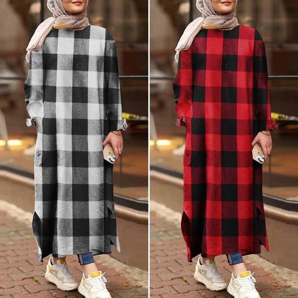 

casual dresses autumn women's muslim 2022 retro printed dress long sleeve maxi vestidos female o neck robe oversized, Black;gray