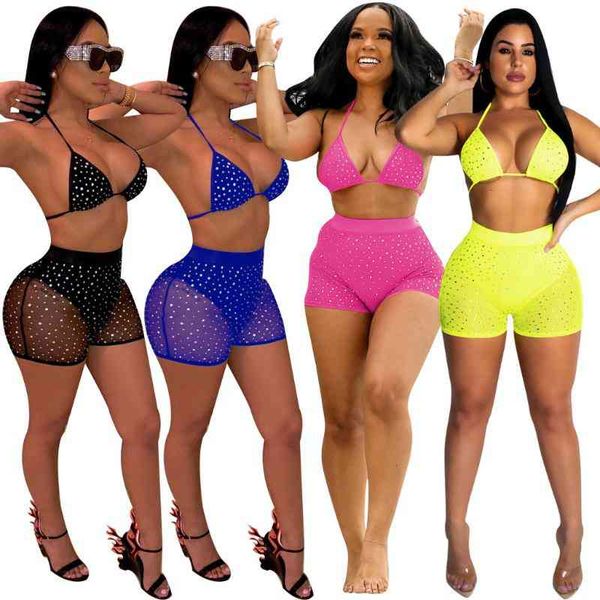

women's tracksuits 2piece set sequin bra & shorts women sparkly mesh two piece beach bath suit club outfits sleeveless unpt, Gray