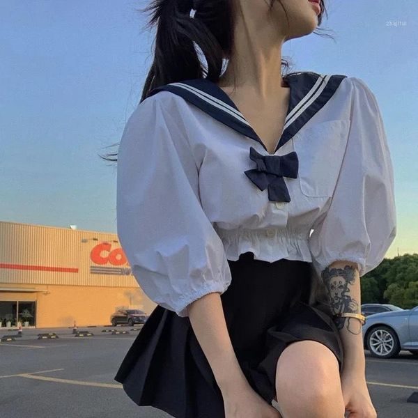 

two piece dress college wind brief paragraph jk uniform shirt white female han edition navy collar stitching embroidery sailor suit wet summ