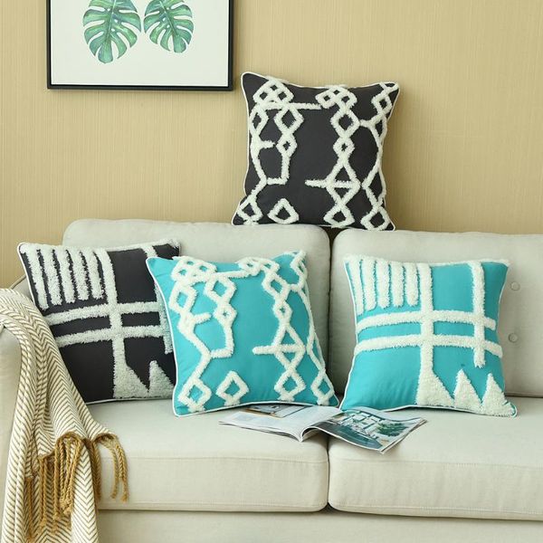 

luxury cushion cover tufted black teal blue pillow case with fringed for sofa seat simple home decoration 45*45cm thick canvas cushion/decor
