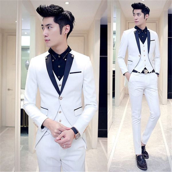 

men's suits & blazers 2021 white thin groom's suit navy blue lapel 3 piece of men wedding prom dinner s (jacket + vest pants) male, White;black