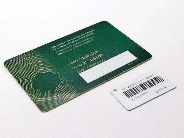 Carte di garanzia di sicurezza verde di alta qualità Scatole da viaggio per orologi in plastica Carta Stampa personalizzata 3D Modello Numero di serie Incisione Cartellini dei prezzi per orologi Rolex