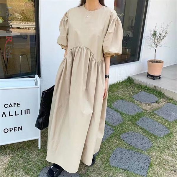 

round neck puff sleeves spliced pullover high waist kahki color korea sweet female fashion dress summer tide 2a03204 210507, Black;gray