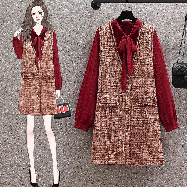 

casual dresses plus size french vintage suits autumn red long sleeve bow collar chiffon blouse and tweed vest two pieces sets, Black;gray