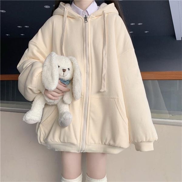 

cardigan jacket coat female ins autumn and winter plus velvet thick loose student solid color sweater korean version 211007, White;black