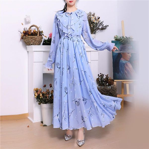 

casual dresses 2021 spring summer haze blue dress women super fairy french long-sleeved long large size loose flower m276, Black;gray