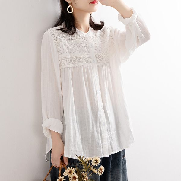 

women's blouses & shirts lamtrip stand collar embroidery lace patchwork long sleeve solid cotton yarn shirt blouse 2pi9, White