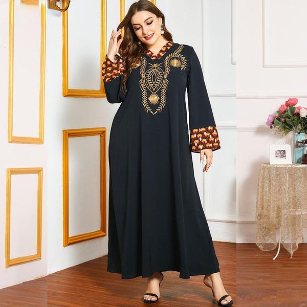 

ethnic clothing muslim fashion plus size women heavy industry embroidery long-sleeved contrast stitching casual long skirt abaya dubai, Red