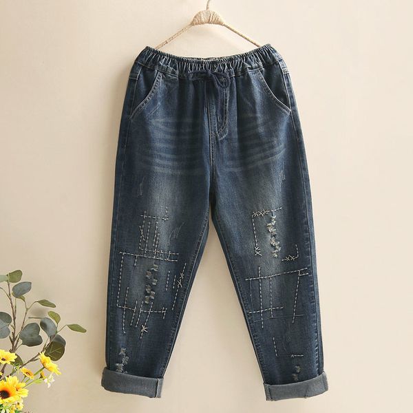 

women's jeans arrival spring women all-matched casual loose cotton denim harem pants vintage embroidery elastic waist ripped s567, Blue