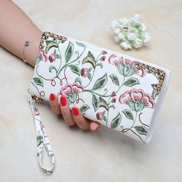 

chinese style women wallet long purse printed flower lady clutch bags for card pin money key phone, Red;black