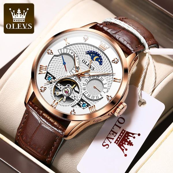 

wristwatches olves leather strap men business automatic mechanical wrist watch moon phase retro classic watches fo relogio masculino, Slivery;brown
