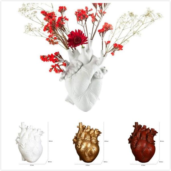 

vases 17/21/25cm white heart resin flower vase nordic style creat anatomical shape sculpture deskplant pot for home decor