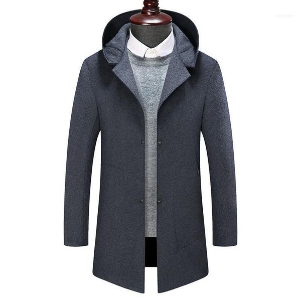

men's wool & blends mens woolen coat winter fashion fleece lined warm hooded jacket men casual thicken long overcoat outerwear ma, Black