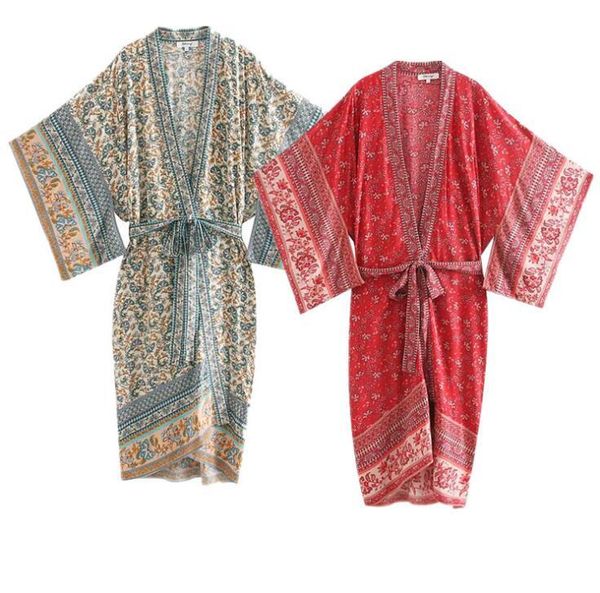 

women's blouses & shirts women floral print bohemian long kimono cardigan summer sashes batwing sleeve casual beach holiday, White