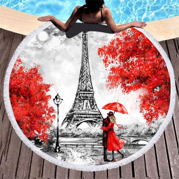 

towel 3d eiffel tower printed microfiber round beach with fringed bath