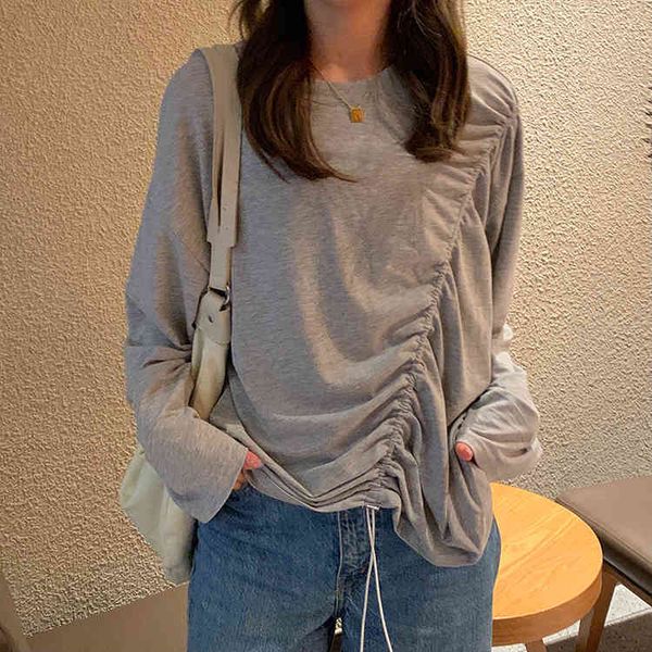 

women spring summer t-shirt bottoming basic fashionable shirring wild lady drawstring oversize 210427, White