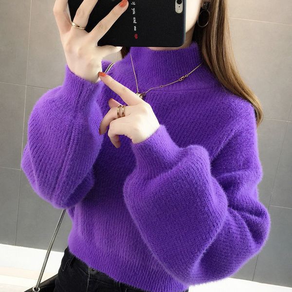 

short sweater purple solid kawaii soft woolen winter girls mohair autumn pullover lantern sleeves loose cashmere velvet knitted, Blue;black