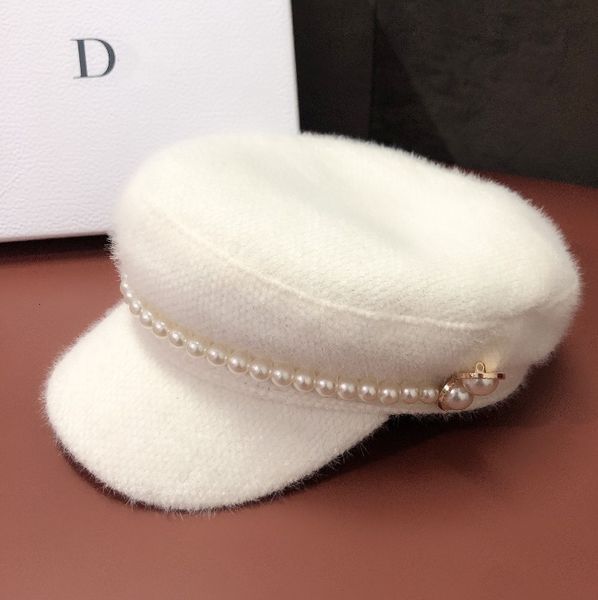 

autumn and winter mink hair sea hand sewn pearl duck tongue female beret new designer chenille octagonal cap, Blue;gray