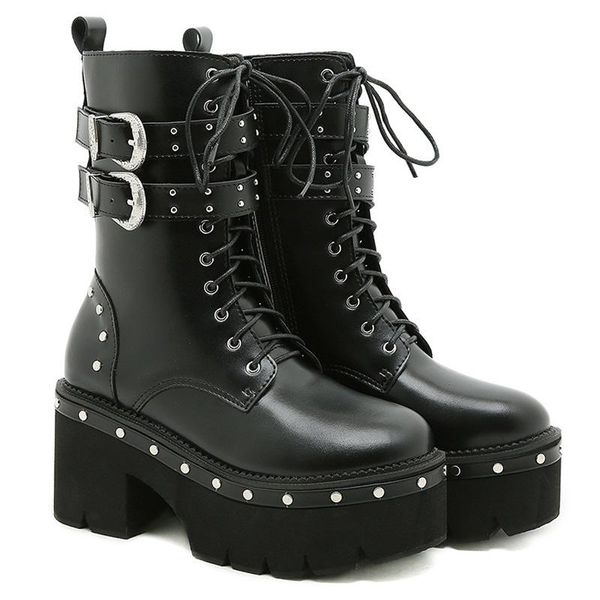 

boots women's autumn heeled punk boot platform shoes ladies ankle bota gothic style high-heeled bootie winter leather rivert, Black