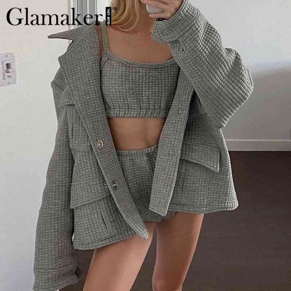 

glamaker three piece set gray short jumpsuit women bodycon cotton crop romper winter autumn female casual playsuit 210414, White
