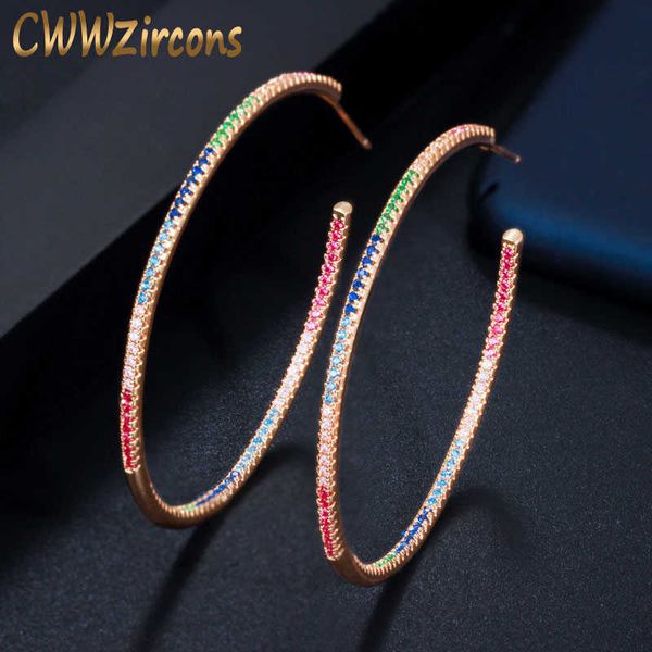 

gorgeous thin multicolor cubic zirconia crystal large gold color loop hoop earrings for women jewelry gift cz576 210714, Golden;silver