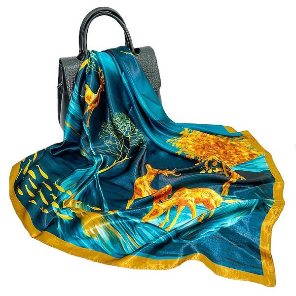 

scarves rimiut silk 90*90cm deer printed for women casual female four seasons professional stewardess scarf gifts, Blue;gray