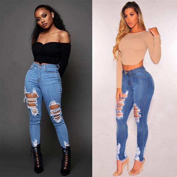 

jeans women's elastic leggings with holes and slim fit large lady, Blue