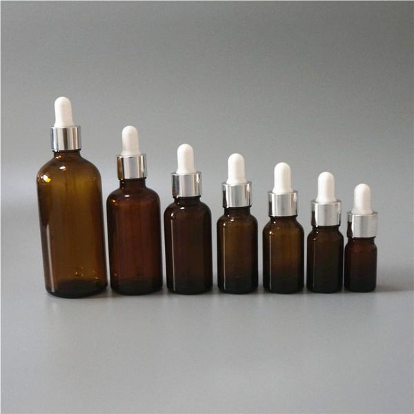 

storage bottles & jars 5/10/15/20/30/50/100ml reusable brown essential oil bottle white rubber head dropper silver cap glass cosmetic contai