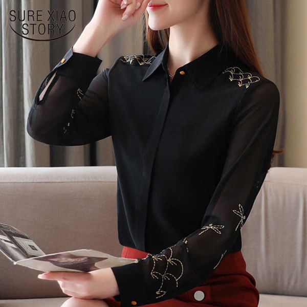 

fashion spring long sleeve black silk chiffon shirt women's embroidered solid cardigan blouse women ladies 8524 50 210527, White