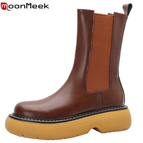 

boots moonmeek cow leather shoes flat with platform ankle elastic band fashion female winter hand made retro high quality, Black