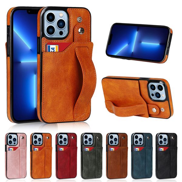 Capa carteira com suporte para cartão e alça de mão para iPhone 15 14 13 12 11 Pro Max XS XR 7 8 Plus Capas de telefone com suporte de couro