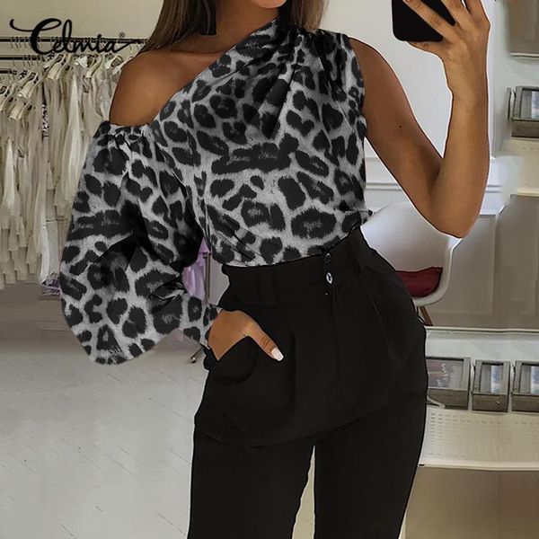 

2021 5xl celmia leopard print blouse fashion women casual cold shoulder tunic long sleeve casual loose shirt elegant blusas, White
