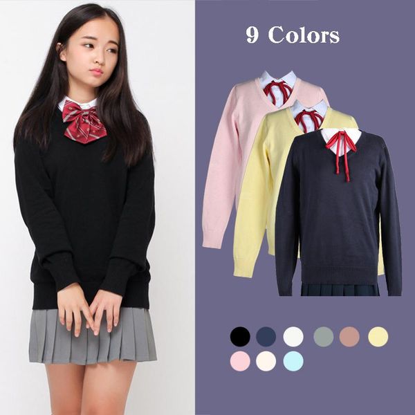 

clothing sets xs-xl 9 colors spring autumn long sleeve knit casual pullovers v neck sweaters for women jk school uniform student clothe, White