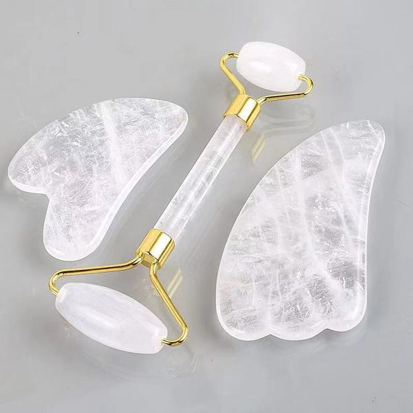 Natural Rock Quartz Stone Jade Roller Massagegeräte Gua Sha Werkzeug Geschenkbox Set Spa Akupunktur kratzen Kristallkörpergesicht Gesundheitsmassage