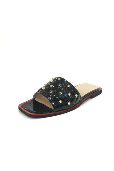 

women's black quilted gold trok buckled genuine leather slippers